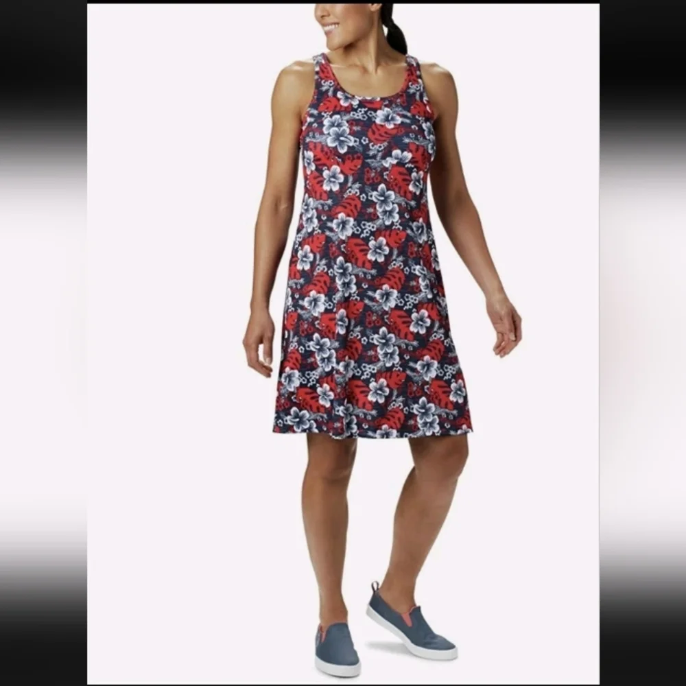 Columbia PFG Dress, Tropical Floral Patterns, Red, White & Blue, Size L - Picture 1 of 11